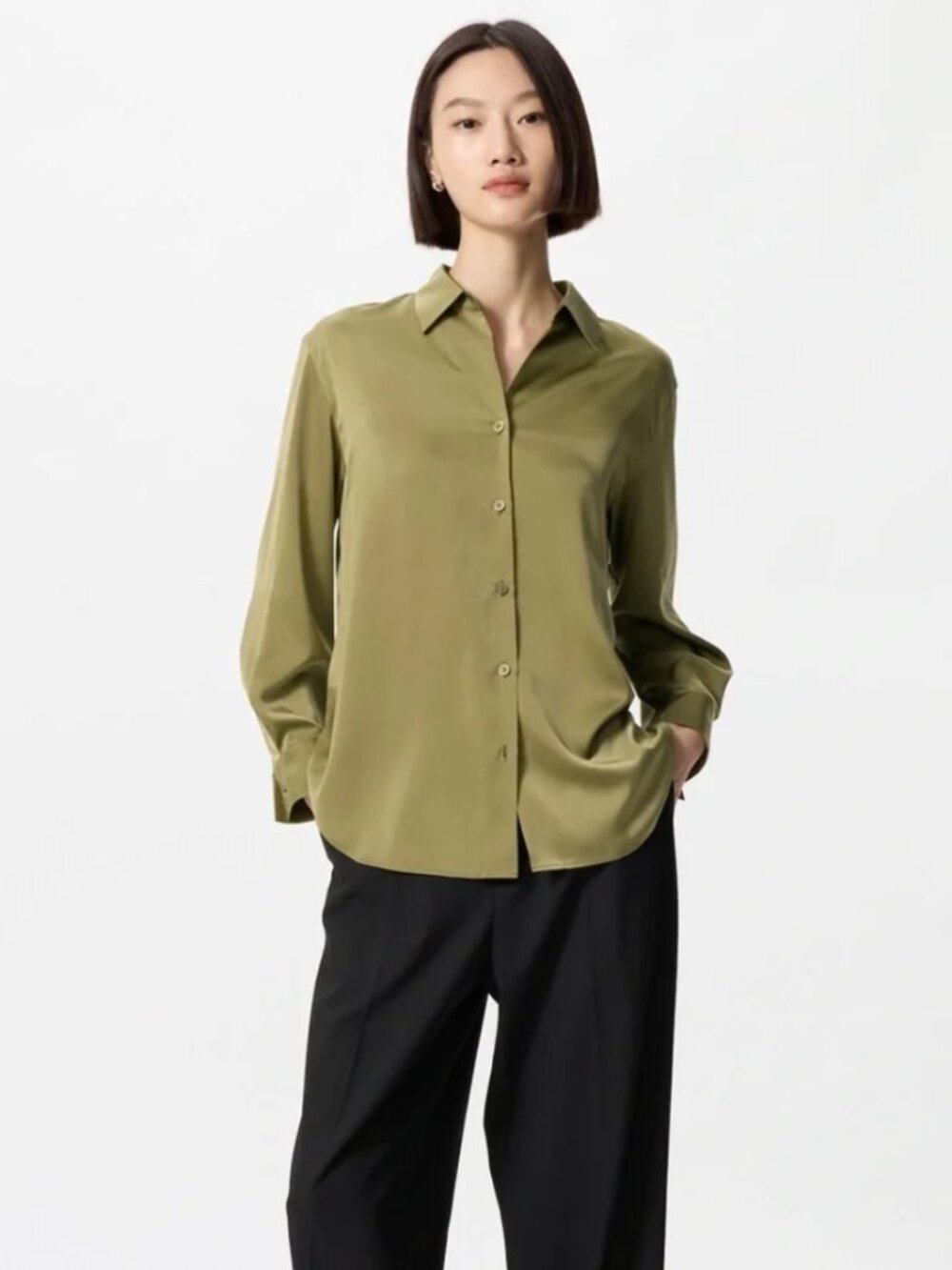 Sage Green Satin Button-Down Shirt